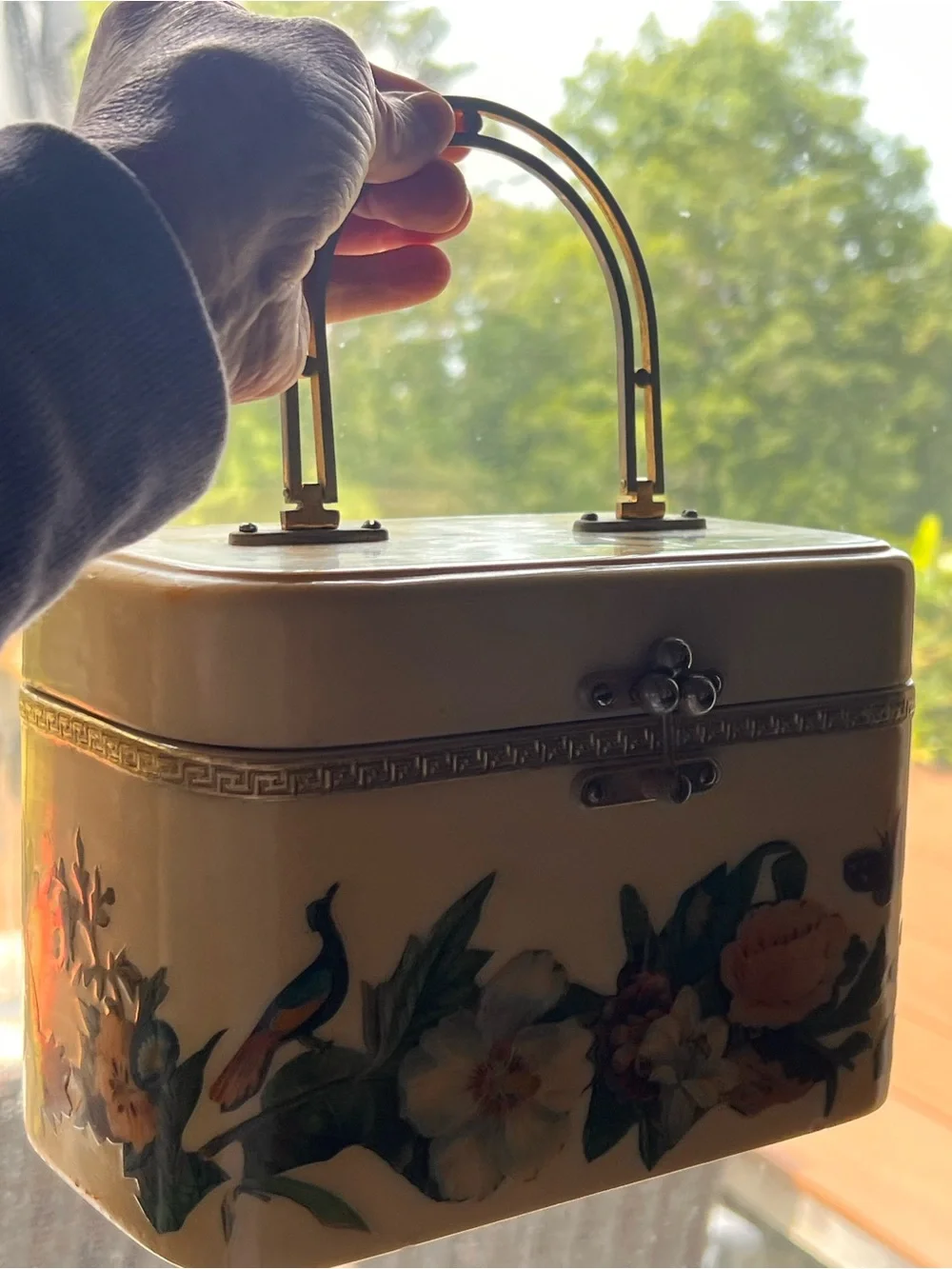 Vintage Cream Floral Vanity Bag with Gold Accents